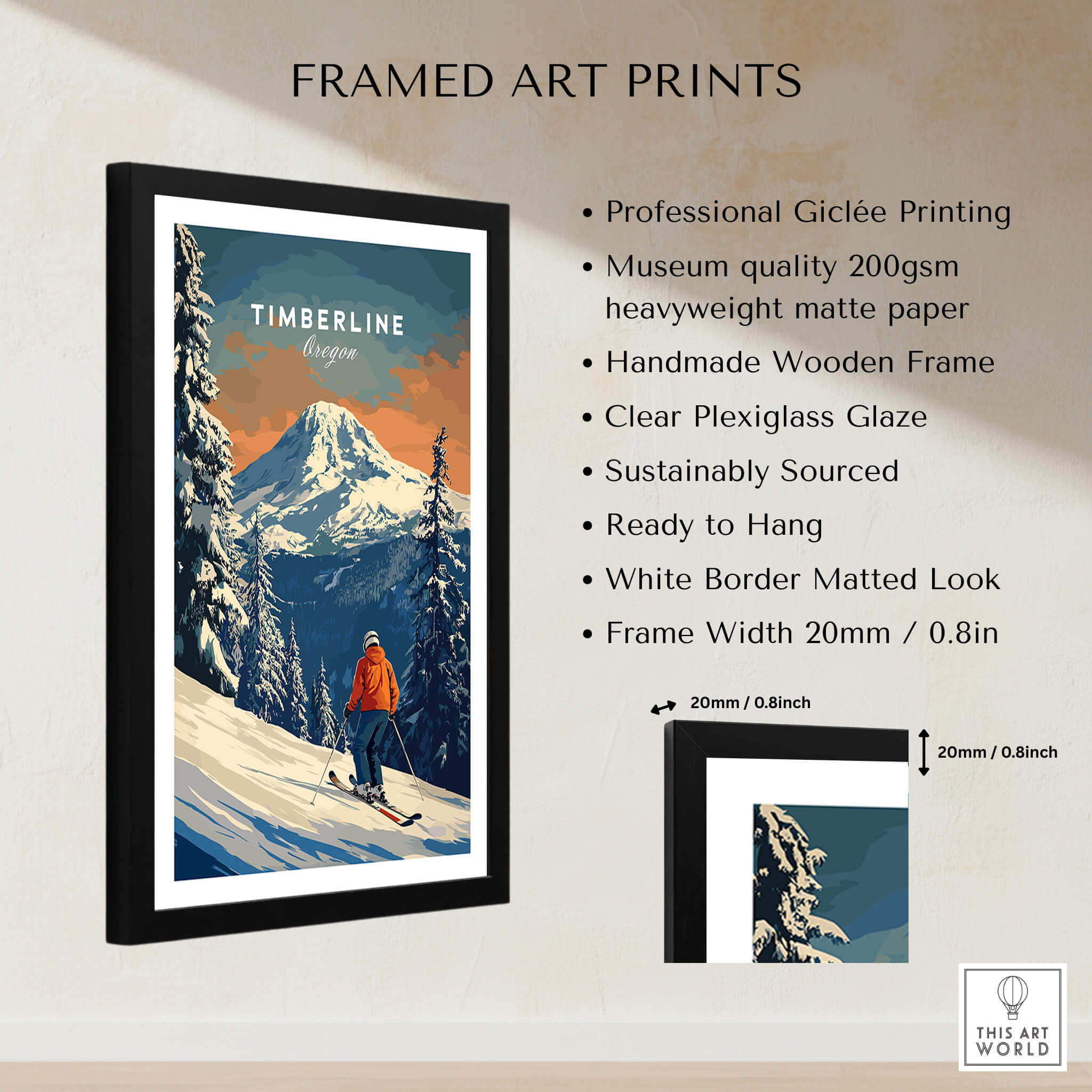 Timberline Travel Poster - Oregon framed art print showcasing stunning ski scene and mountain backdrop.