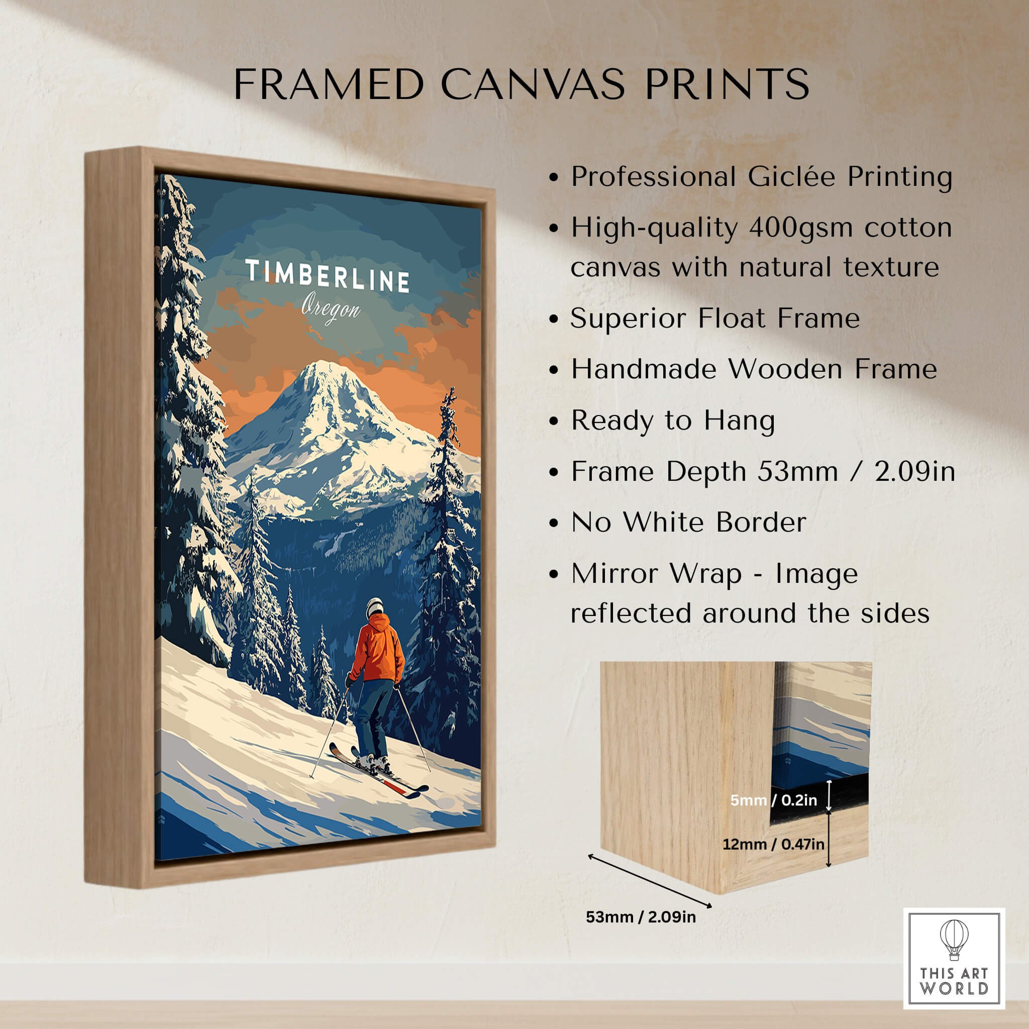 Timberline Travel Poster - Oregon framed canvas print showcasing ski adventure and nature in Oregon.