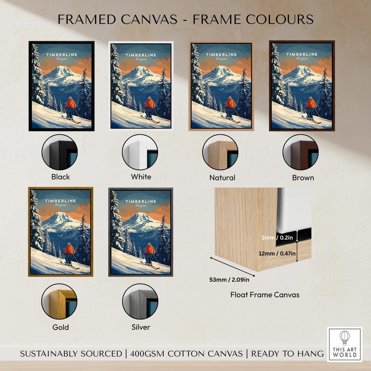 Timberline Travel Poster - Oregon framed canvas options in various colors including black, white, natural, brown, gold, and silver.