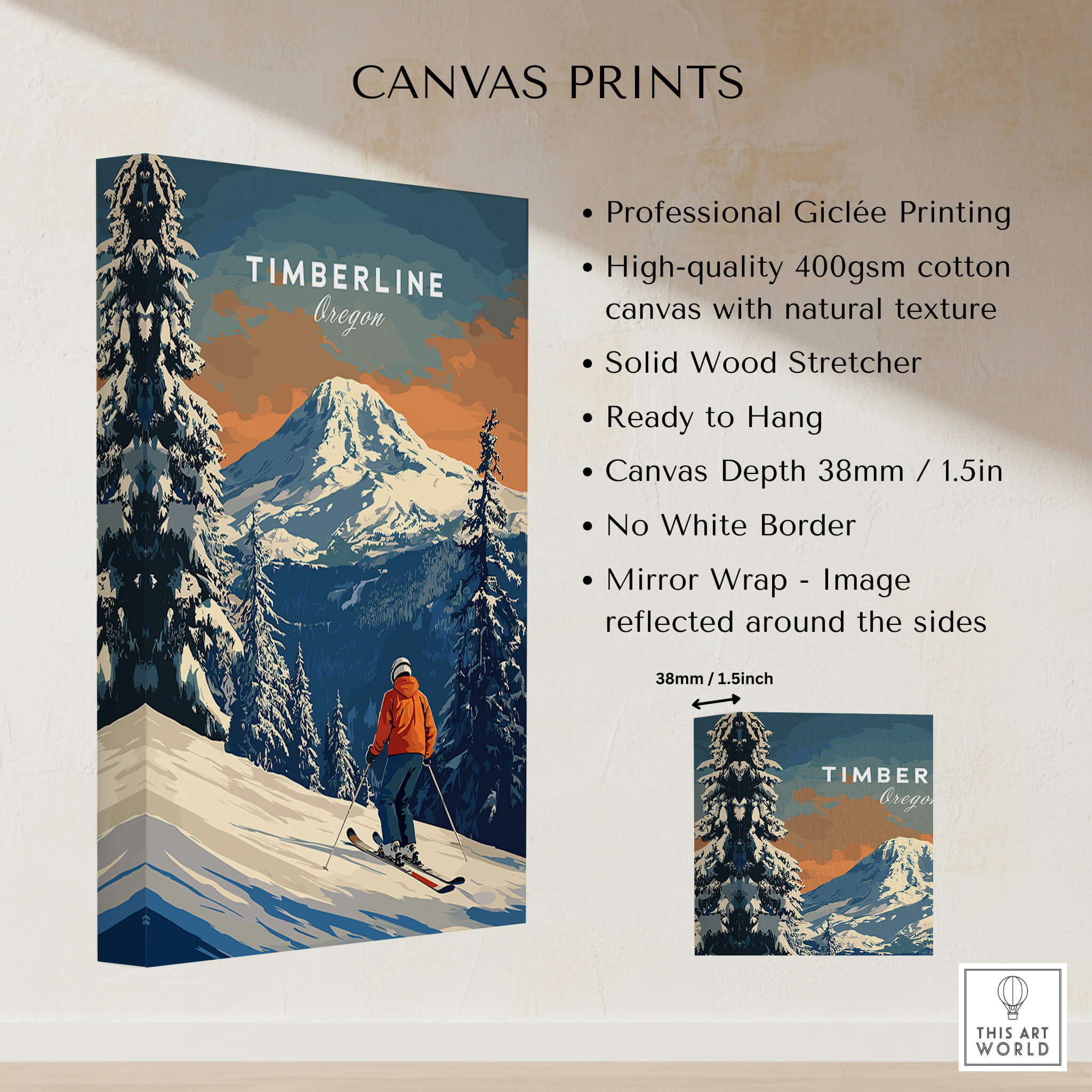 Timberline Travel Poster - Oregon, high-quality canvas print of a skier in a snowy mountain landscape.