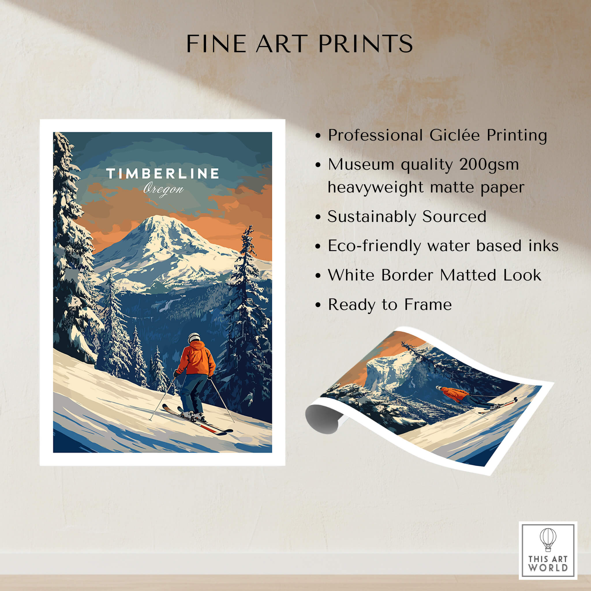 Timberline Travel Poster -  Oregon showcasing a skier in a beautiful mountain landscape, perfect for travel lovers.