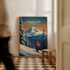 Timberline Travel Poster - Oregon featuring a skier in front of a snowy mountain landscape.