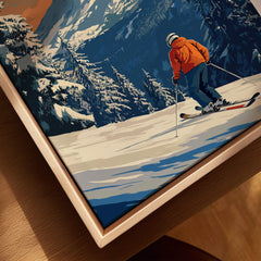 Timberline Travel Poster - Oregon featuring a skier on a snowy slope surrounded by majestic mountains.