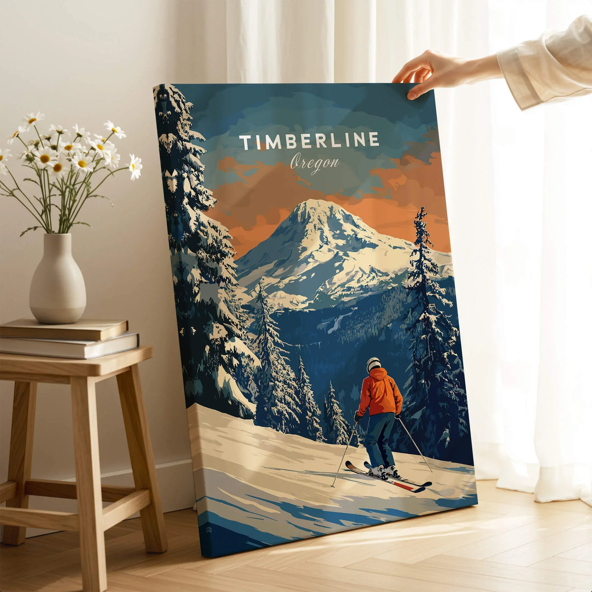 Timberline Travel Poster - Oregon showcasing a skier in a snowy landscape with Mount Hood in the background.