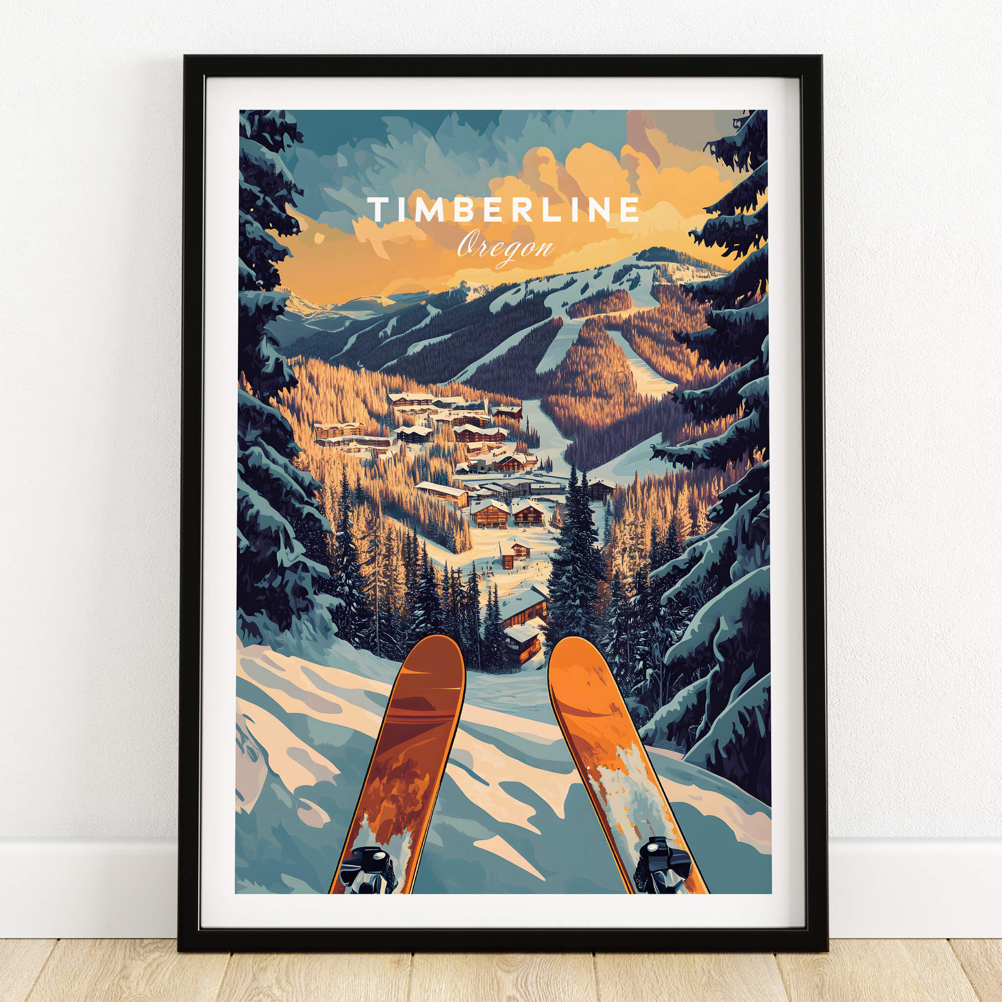 Timberline Ski Poster showcasing a scenic view of Timberline, Oregon with skis in the foreground.