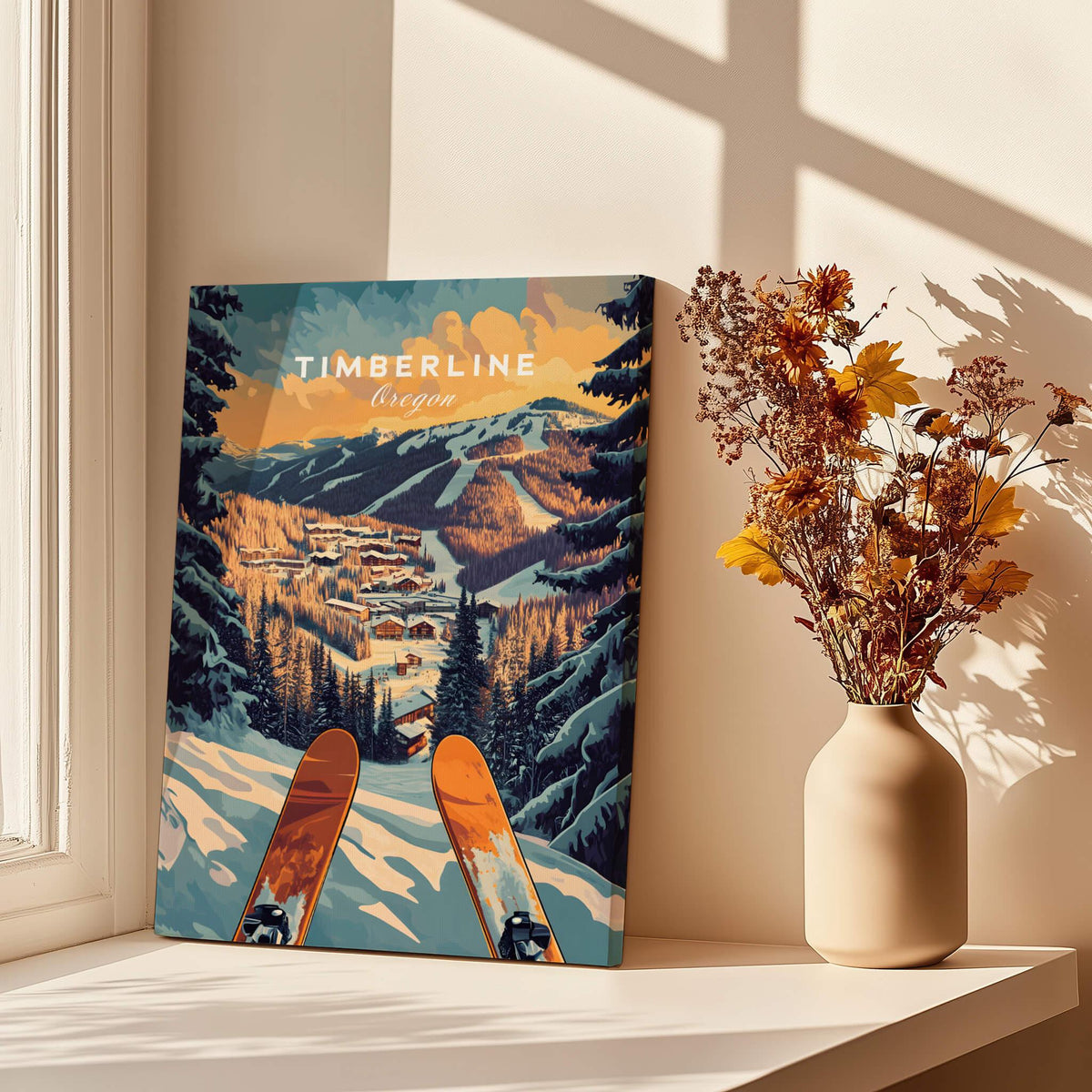 Timberline Ski Poster with snowy landscape and ski tips in Oregon, perfect for ski wall art and adventure lovers.