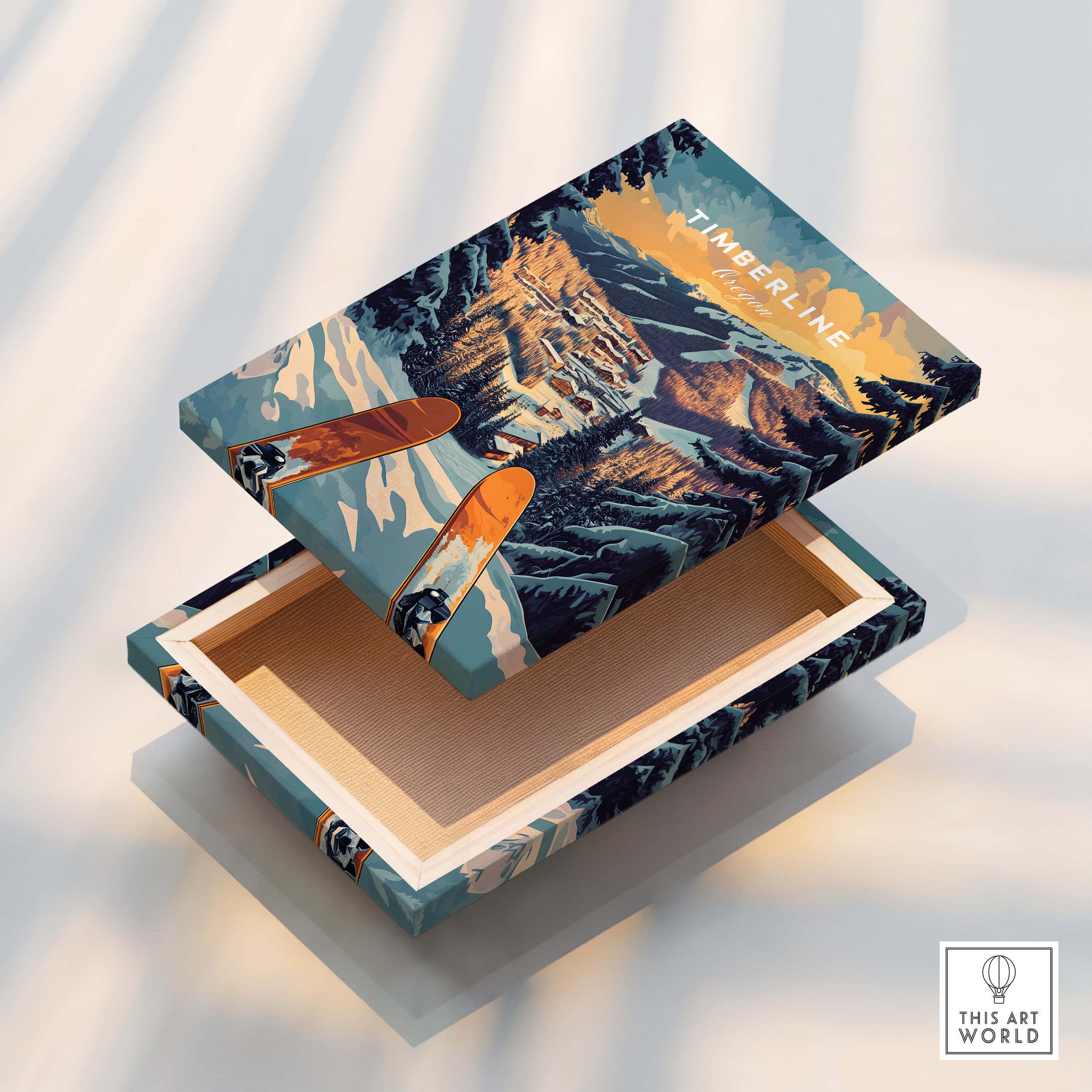 Timberline Ski Poster decorative box showcasing a ski landscape design, perfect for ski enthusiasts and home decor.