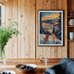 Timberline Ski Poster framed on wooden wall, showcasing ski slopes and snow-covered mountains in vibrant colors.