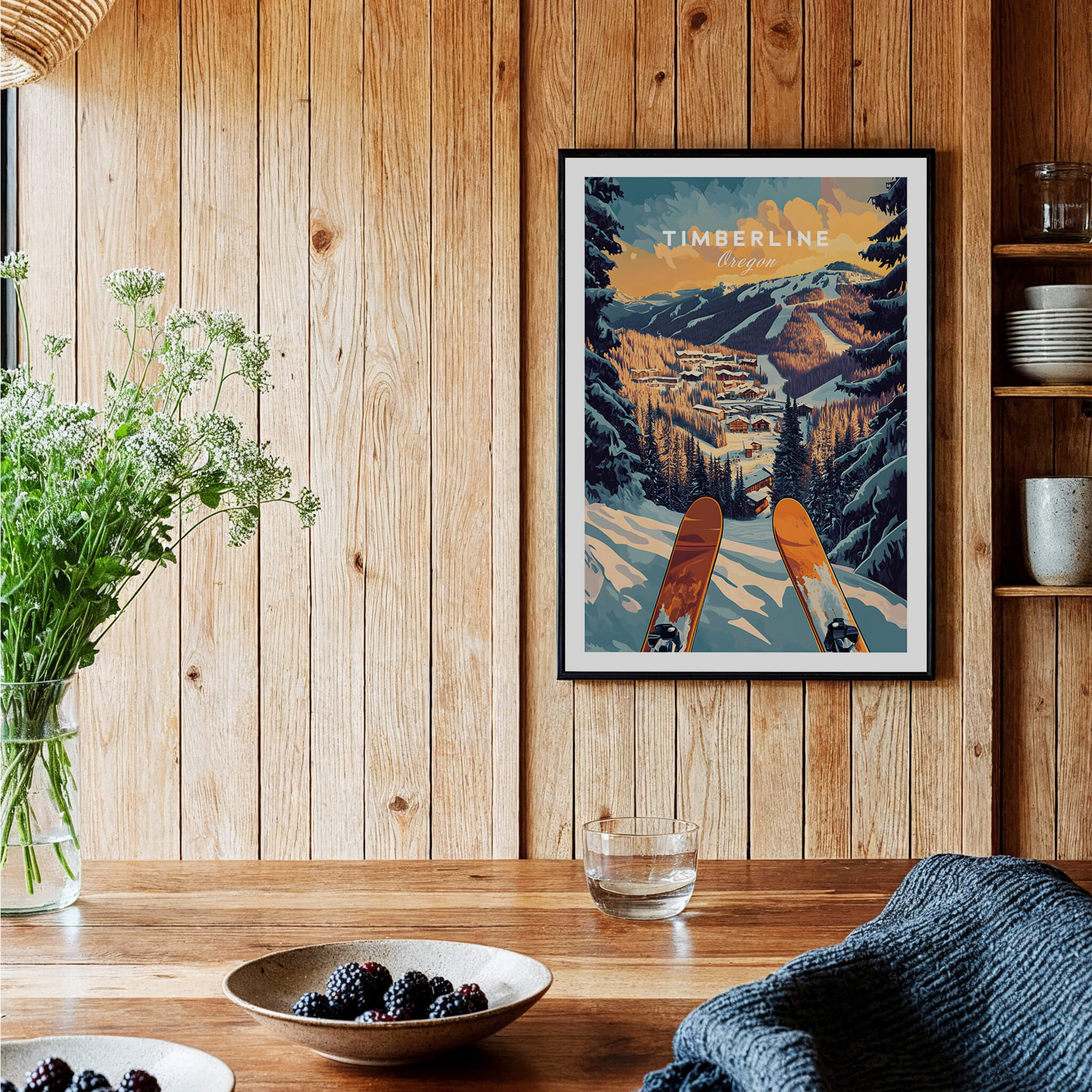 Timberline Ski Poster framed on wooden wall, showcasing ski slopes and snow-covered mountains in vibrant colors.