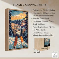 Timberline Ski Poster framed canvas print showcasing skiing in a snowy mountain landscape ready to hang on your wall.