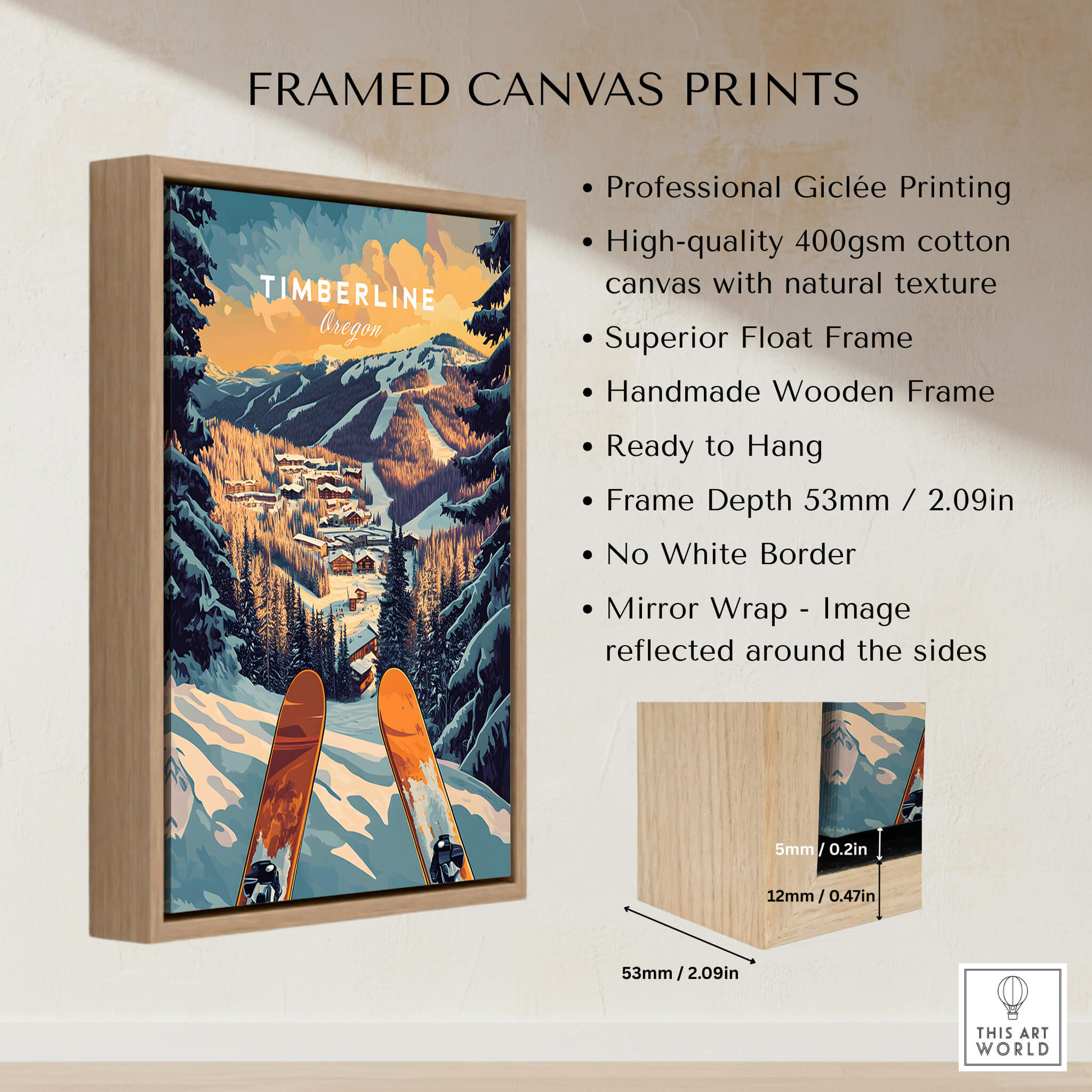 Timberline Ski Poster framed canvas print showcasing skiing in a snowy mountain landscape ready to hang on your wall.