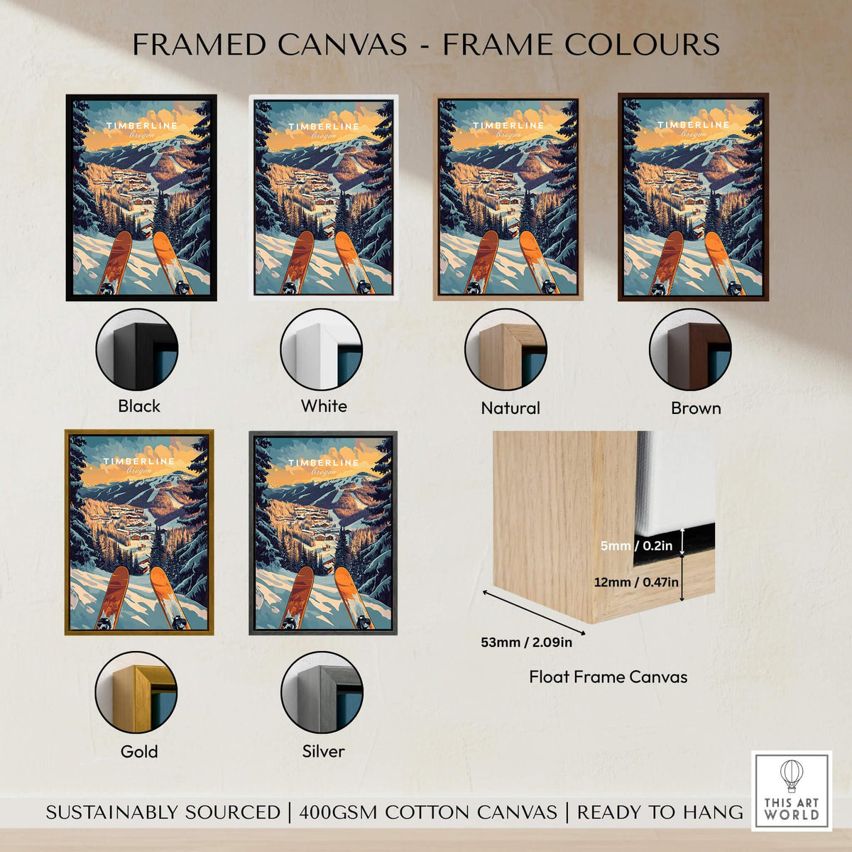 Framed canvas options for the Timberline Ski Poster in various colors including black, white, natural, brown, gold, and silver.