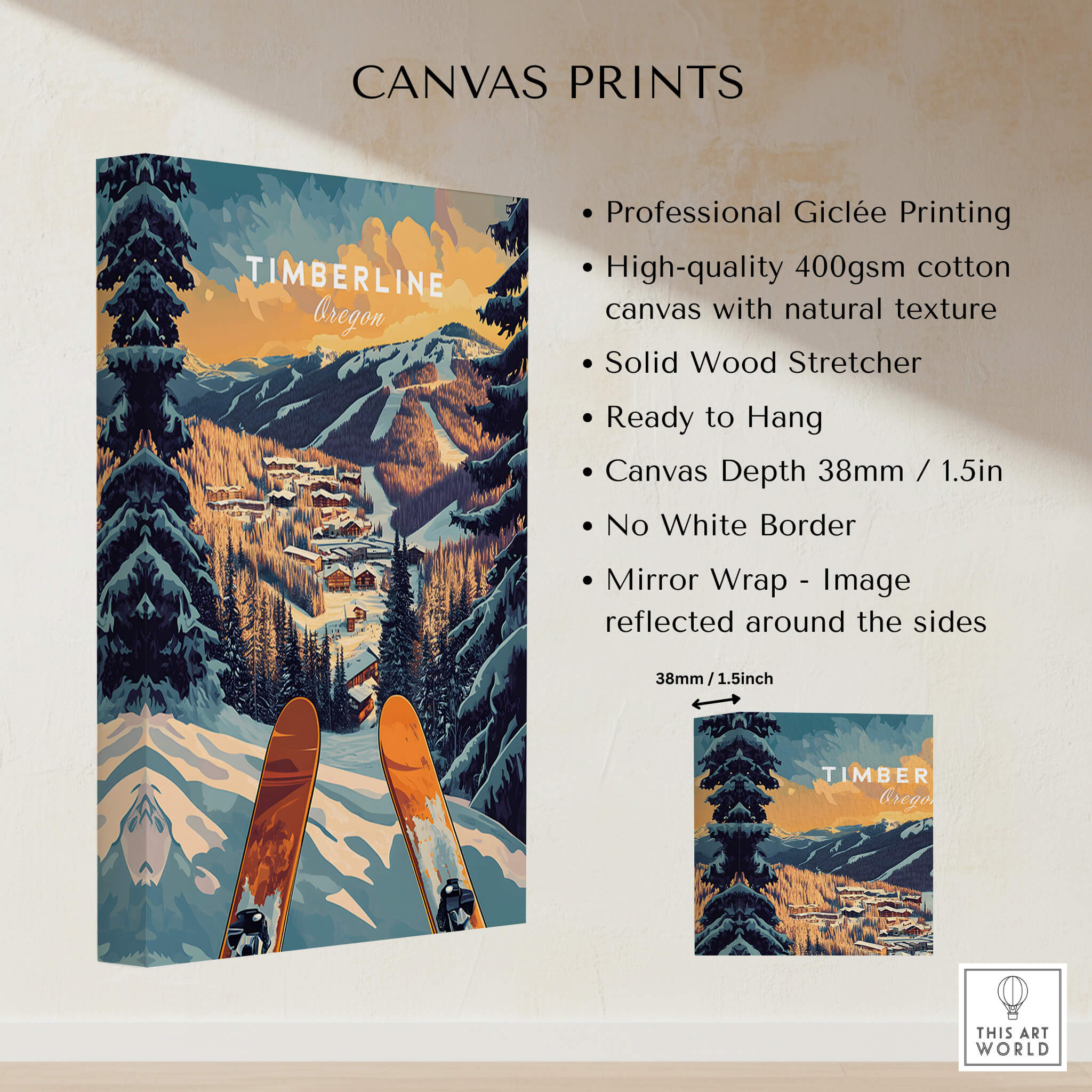 Timberline Ski Poster showcasing professional giclée printing on high-quality canvas, perfect for ski wall art.