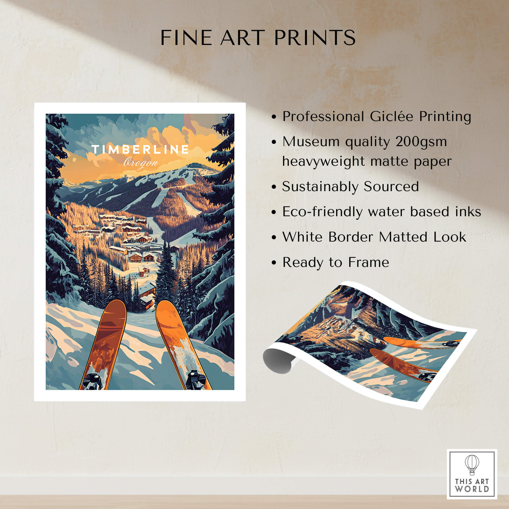 Timberline Ski Poster featuring scenic winter landscape and ski gear, perfect for ski enthusiasts and wall art decor.