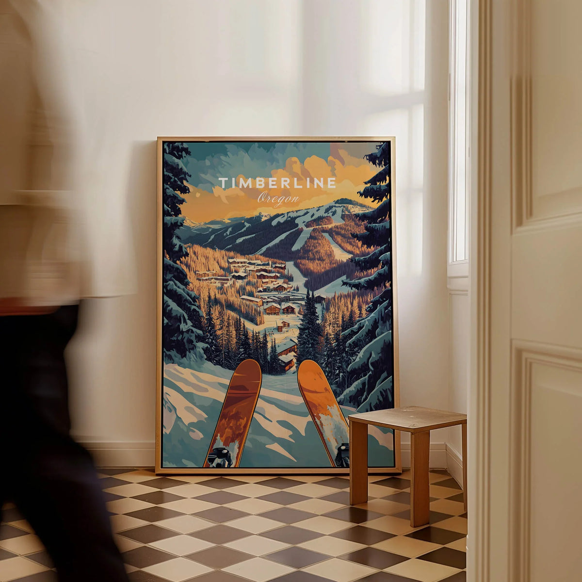 Timberline Ski Poster showcasing a scenic mountain view with skis in a stylish interior setting.