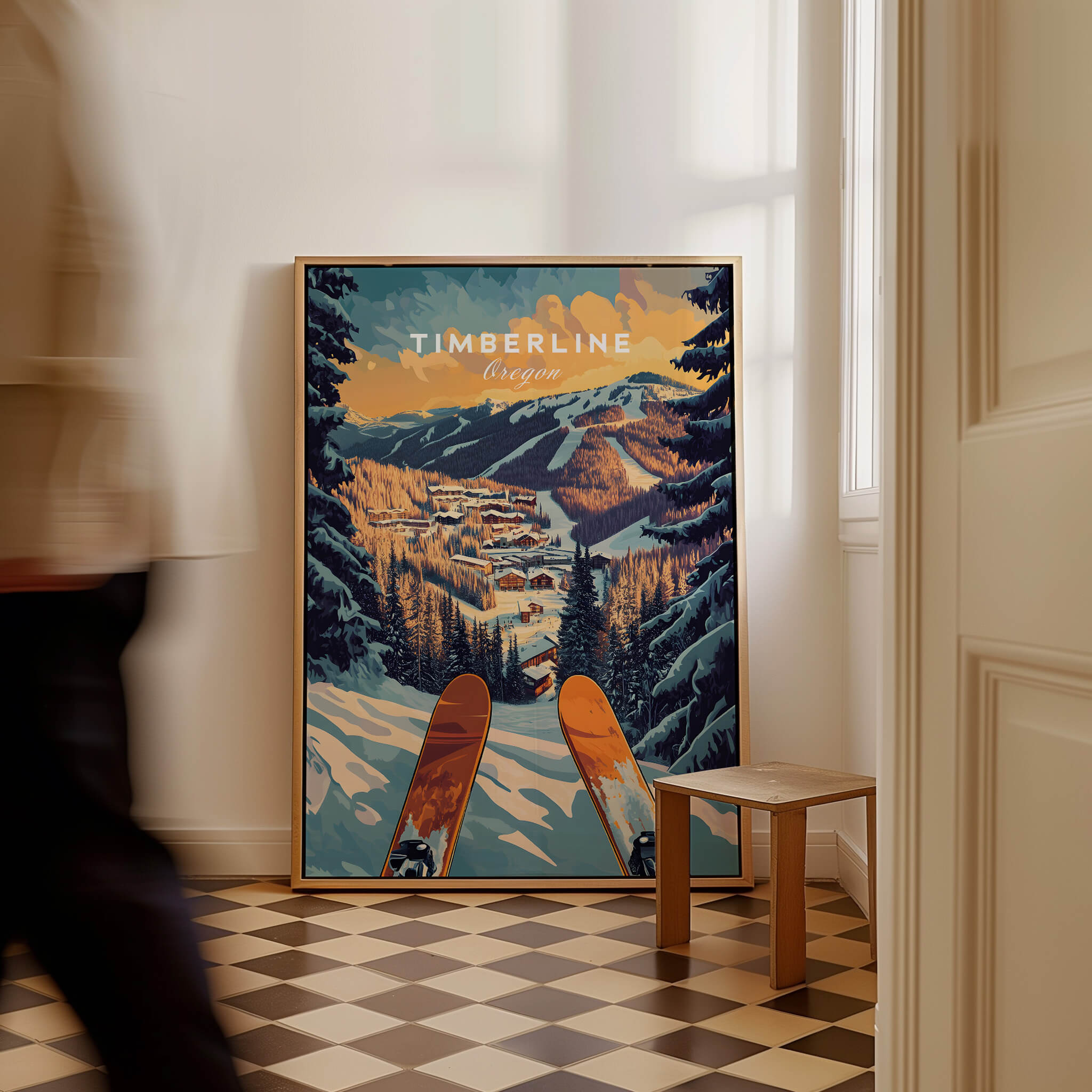 Timberline Ski Poster showcasing a scenic mountain view with skis in a stylish interior setting.