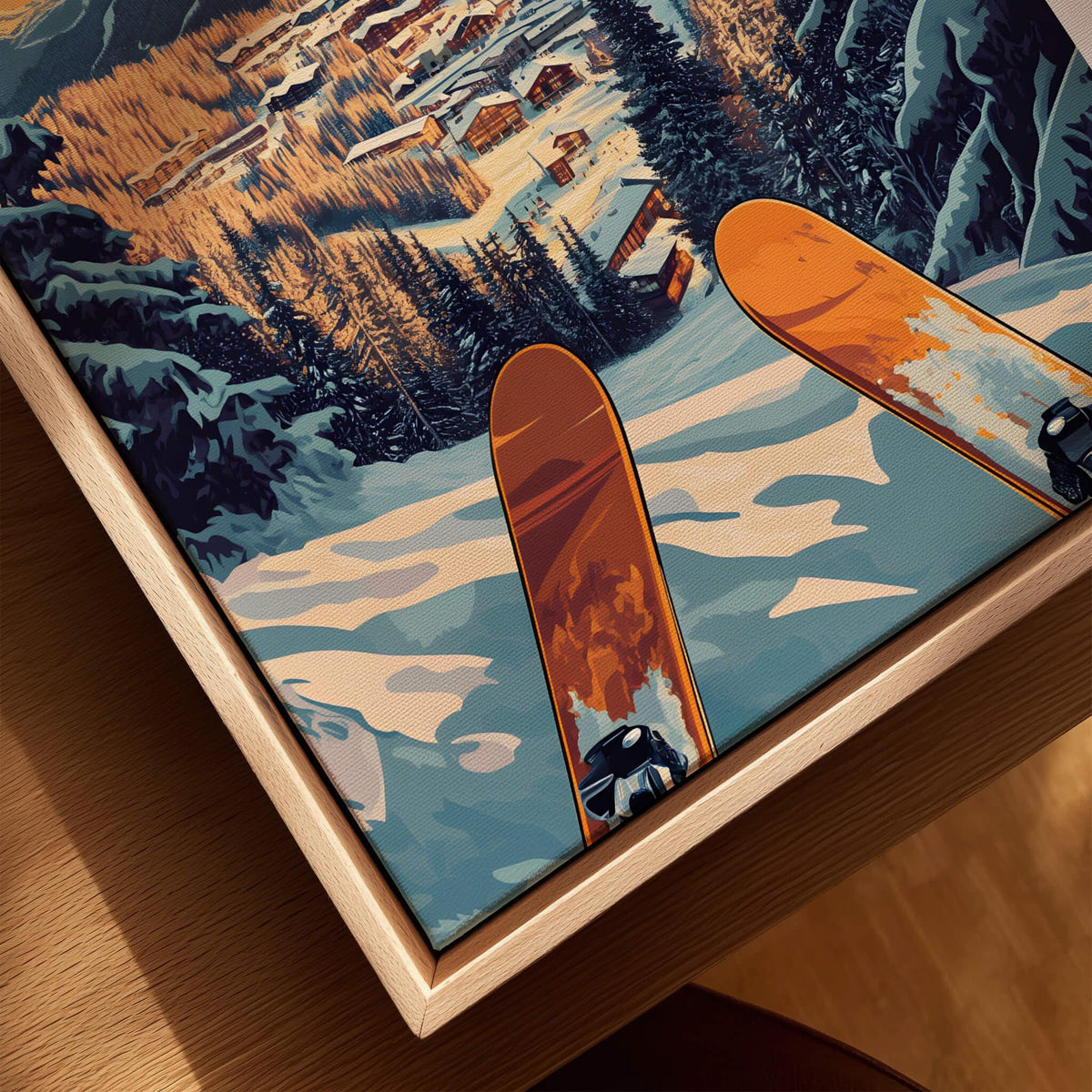 Timberline Ski Poster featuring colorful skis on snowy slopes with a scenic mountain view in the background.