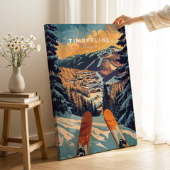 Timberline Ski Poster showcasing a scenic view of Timberline, Oregon with ski equipment in the foreground.