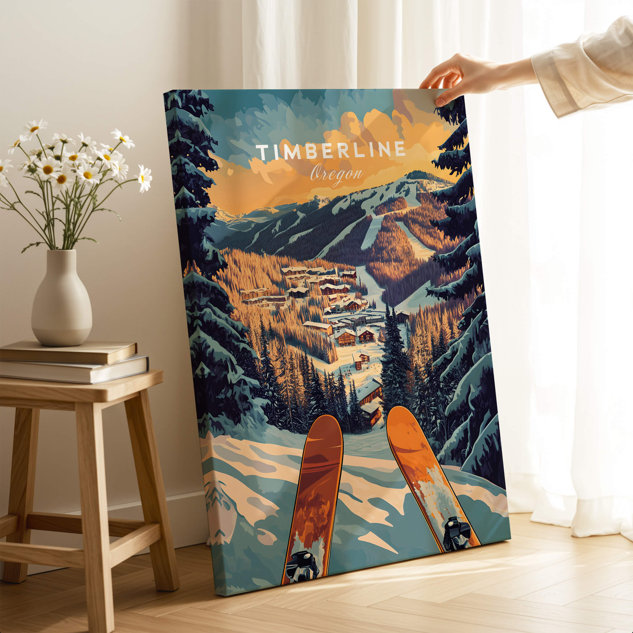 Timberline Ski Poster showcasing a scenic view of Timberline, Oregon with ski equipment in the foreground.
