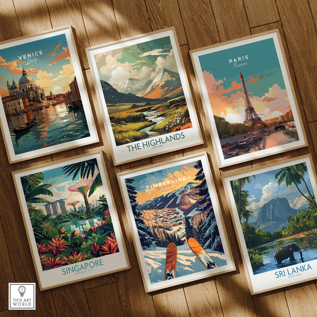 Collection of travel posters featuring Venice, The Highlands, Paris, Singapore, Timberline, and Sri Lanka.