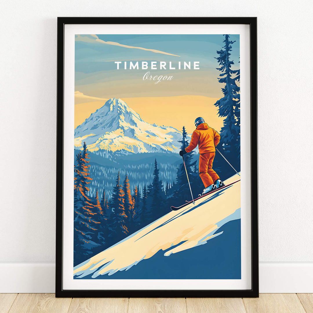 Timberline Print Oregon Ski Poster featuring a skier on a snowy slope with a mountain backdrop.