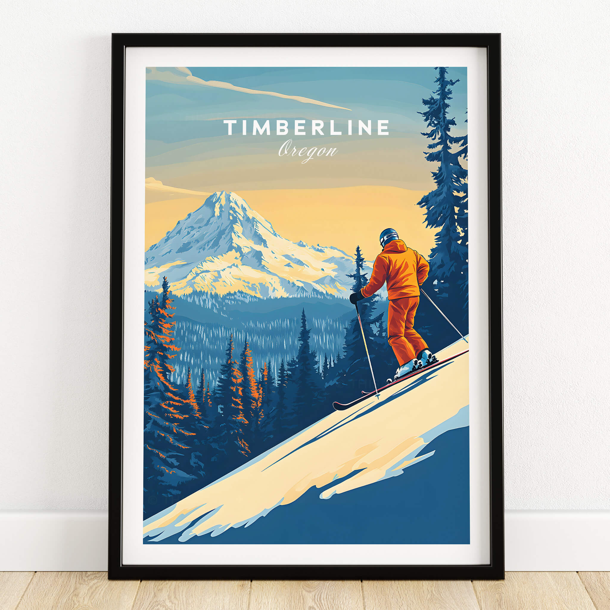 Timberline Print Oregon Ski Poster featuring a skier on a snowy slope with a mountain backdrop.
