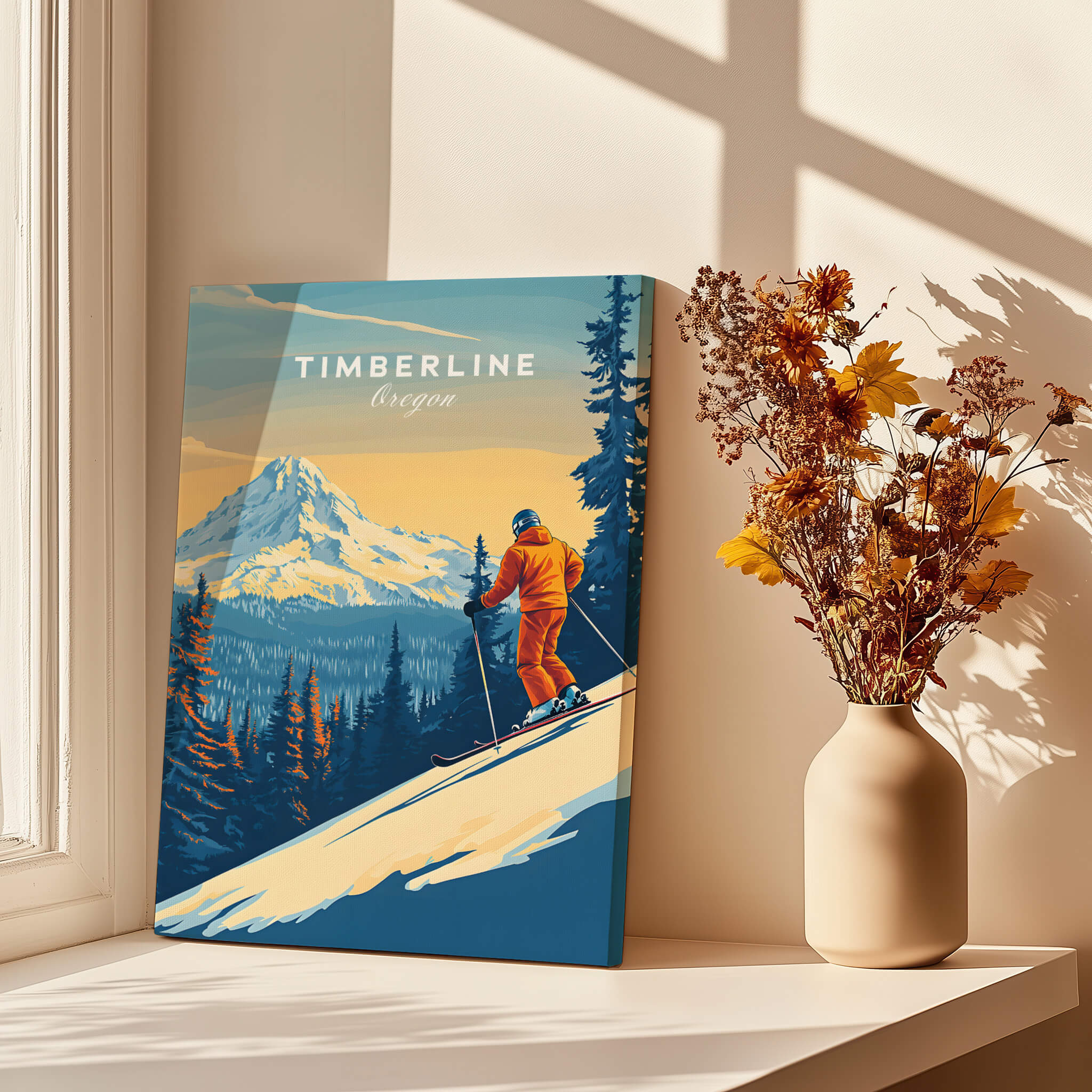 Timberline Print Oregon Ski Poster showcasing a skier against a mountain landscape in Oregon, ideal for ski wall art.