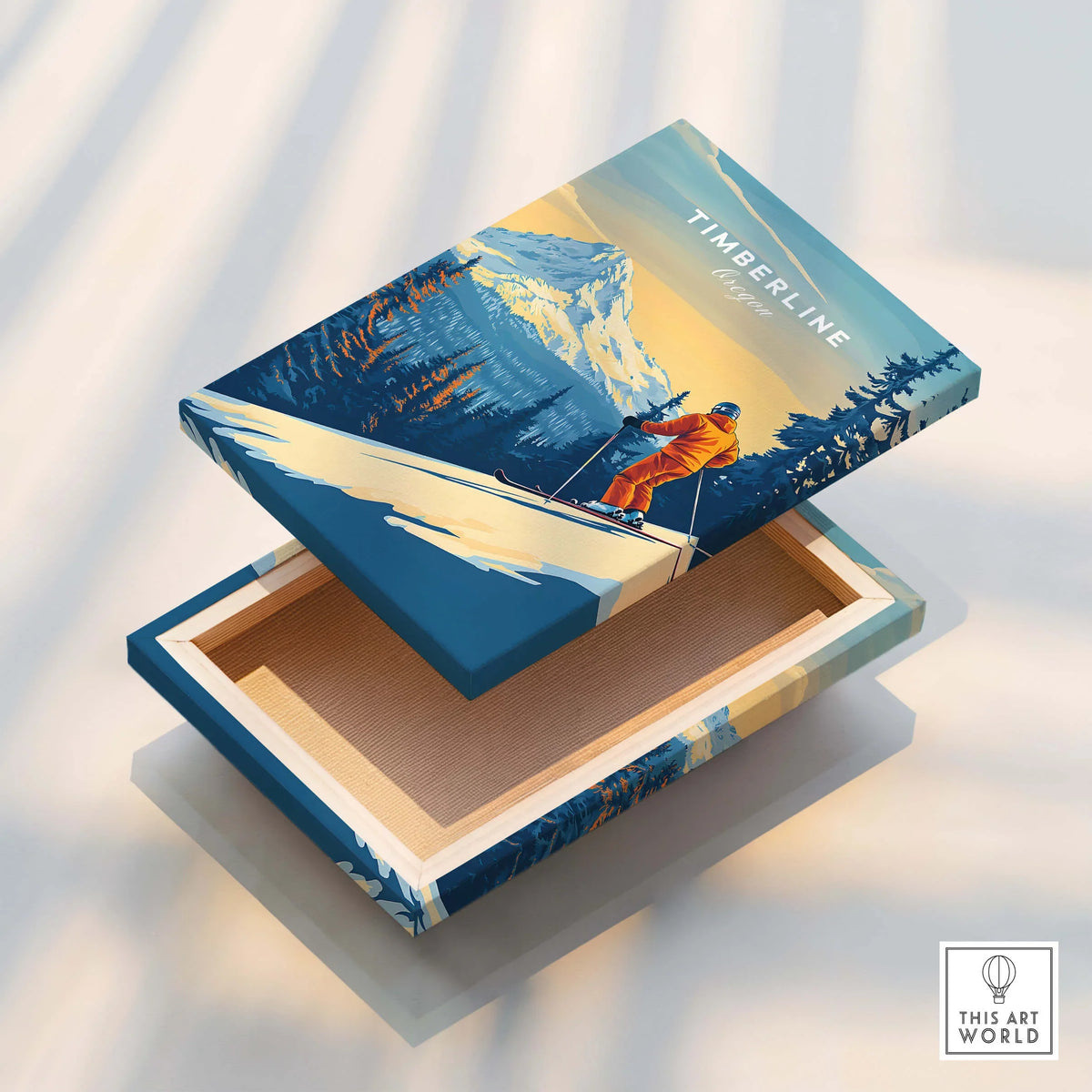 Timberline Print Oregon Ski Poster on a decorative wooden box showcasing skiing and mountain scenery.