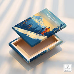 Timberline Print Oregon Ski Poster on a decorative wooden box showcasing skiing and mountain scenery.