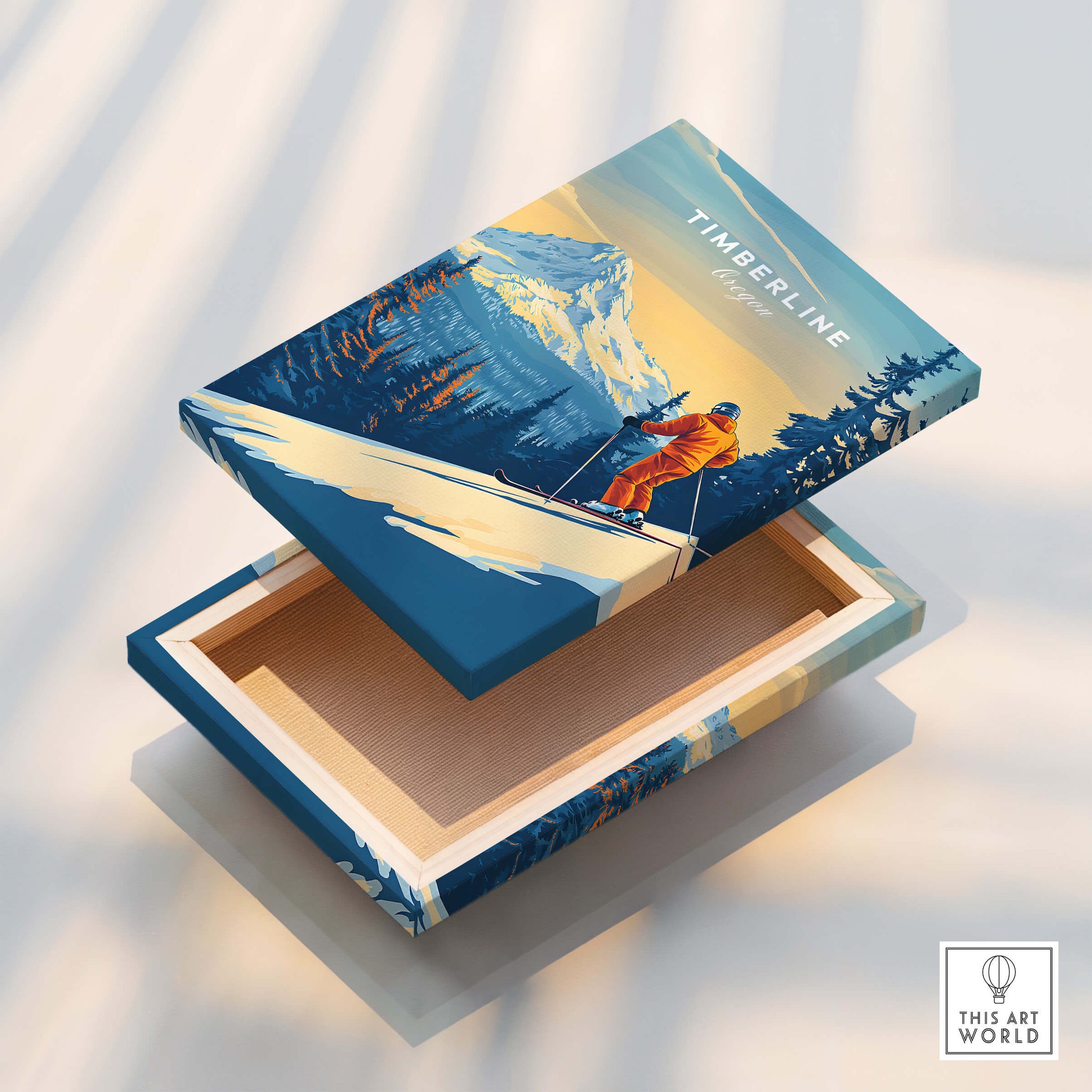 Timberline Print Oregon Ski Poster on a decorative wooden box showcasing skiing and mountain scenery.