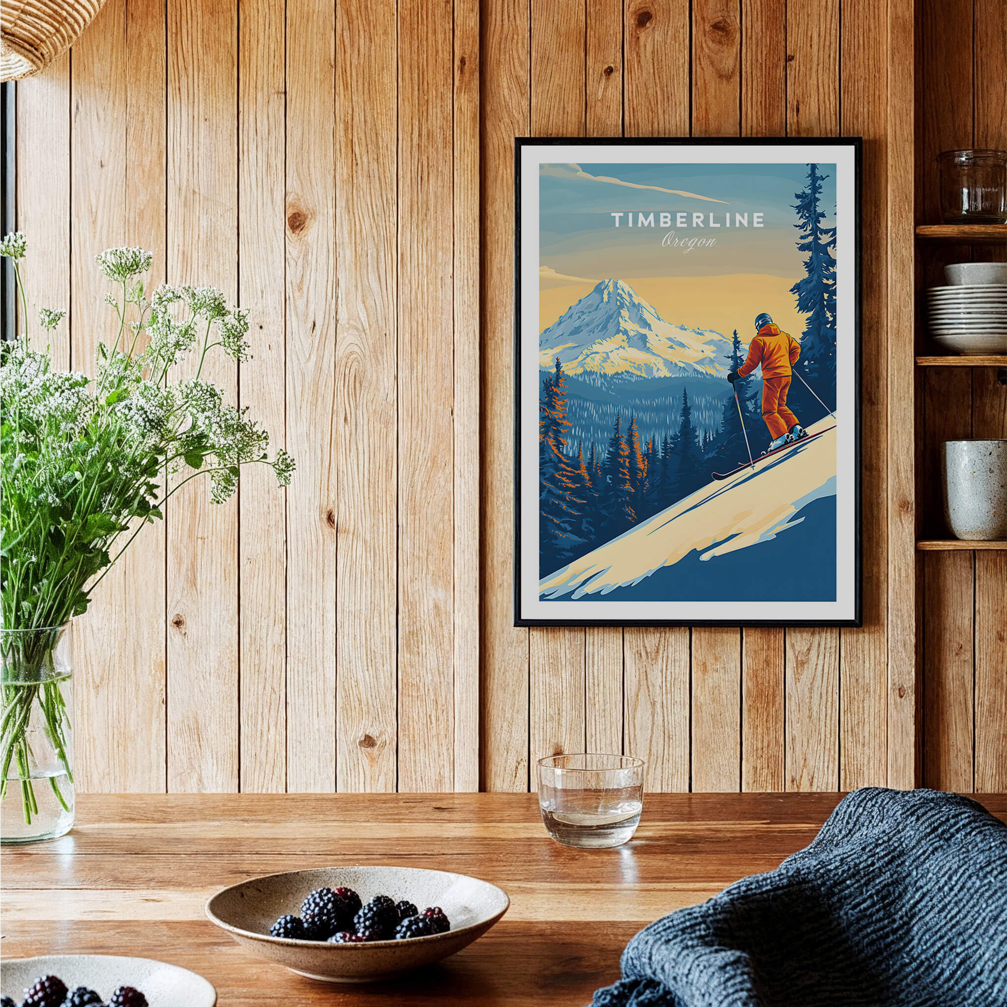 Timberline Print Oregon Ski Poster displayed on a wooden wall, showcasing skiing in the Pacific Northwest.