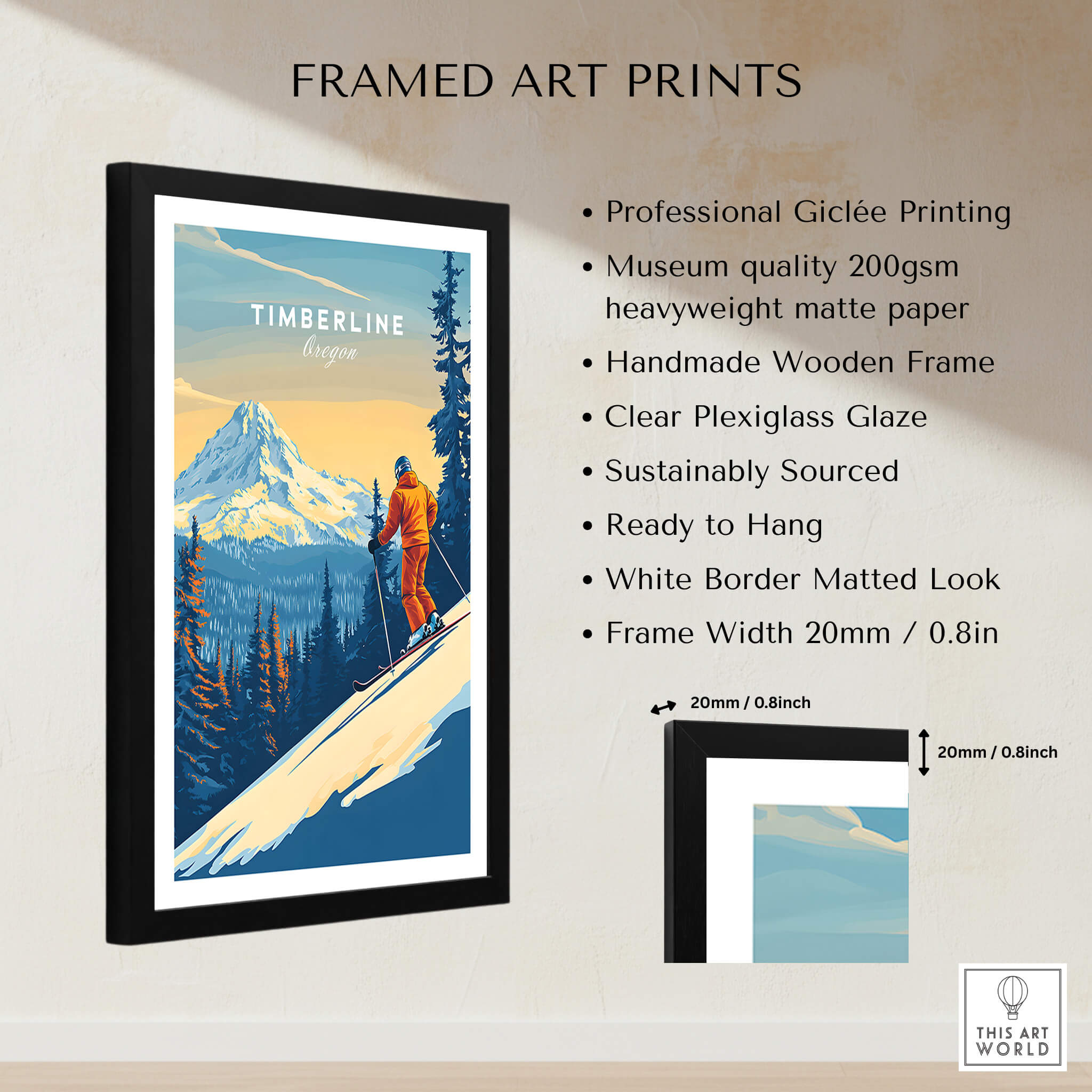 Timberline Print Oregon Ski Poster in a framed art print with giclée quality on display.