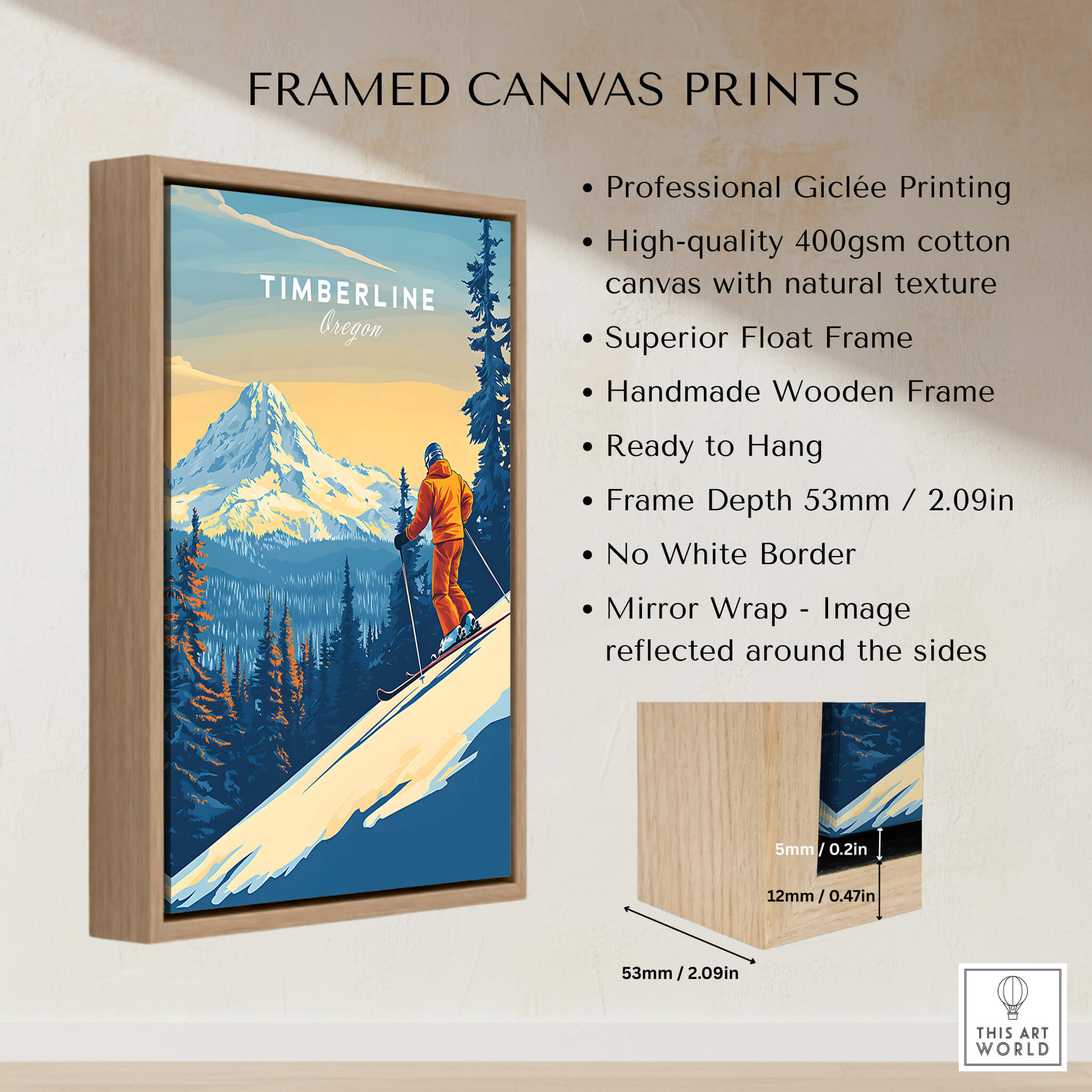Timberline Print Oregon Ski Poster framed canvas print with professional Giclée printing and natural texture