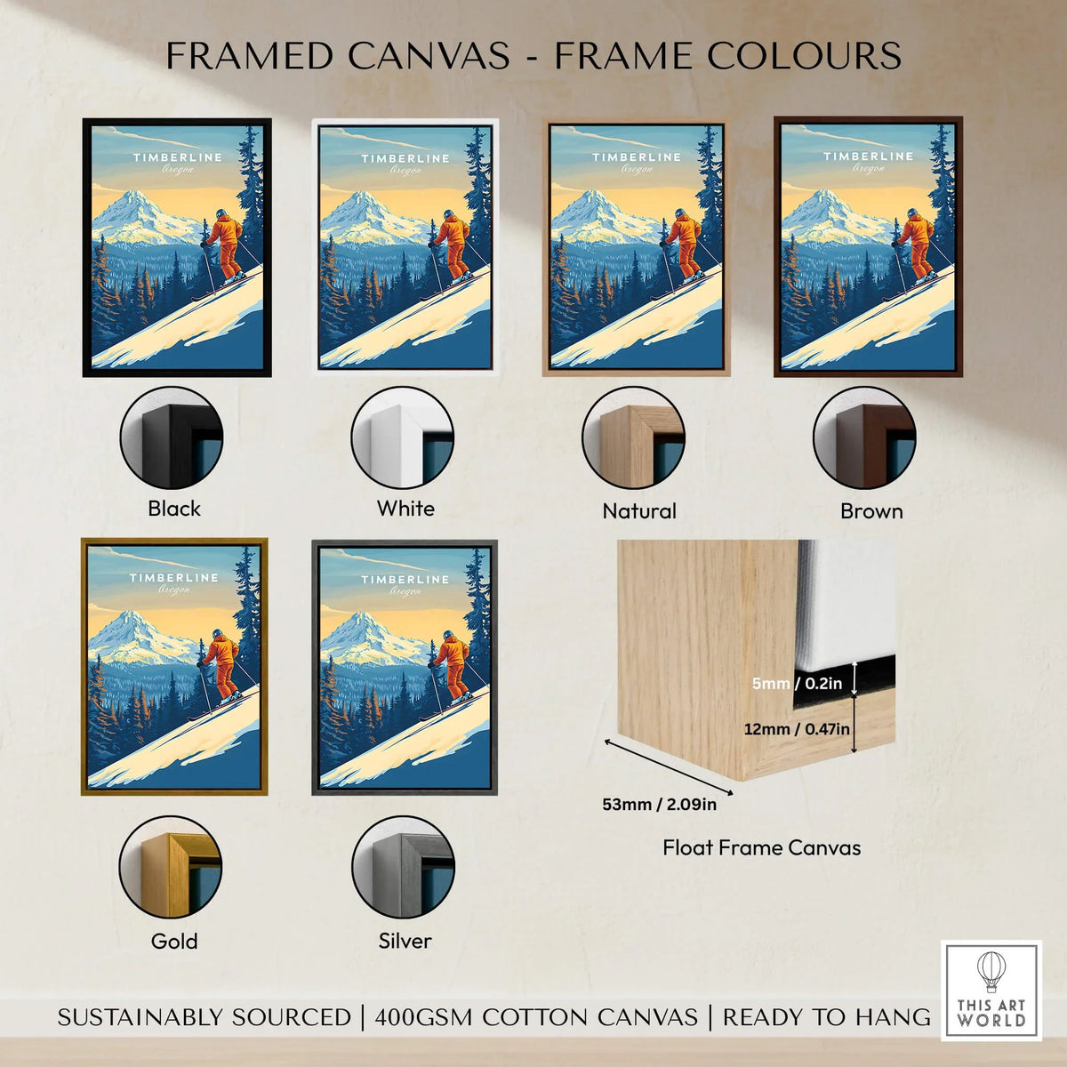 Timberline Print Oregon Ski Poster framed in various colors including black, white, natural, brown, gold, and silver.