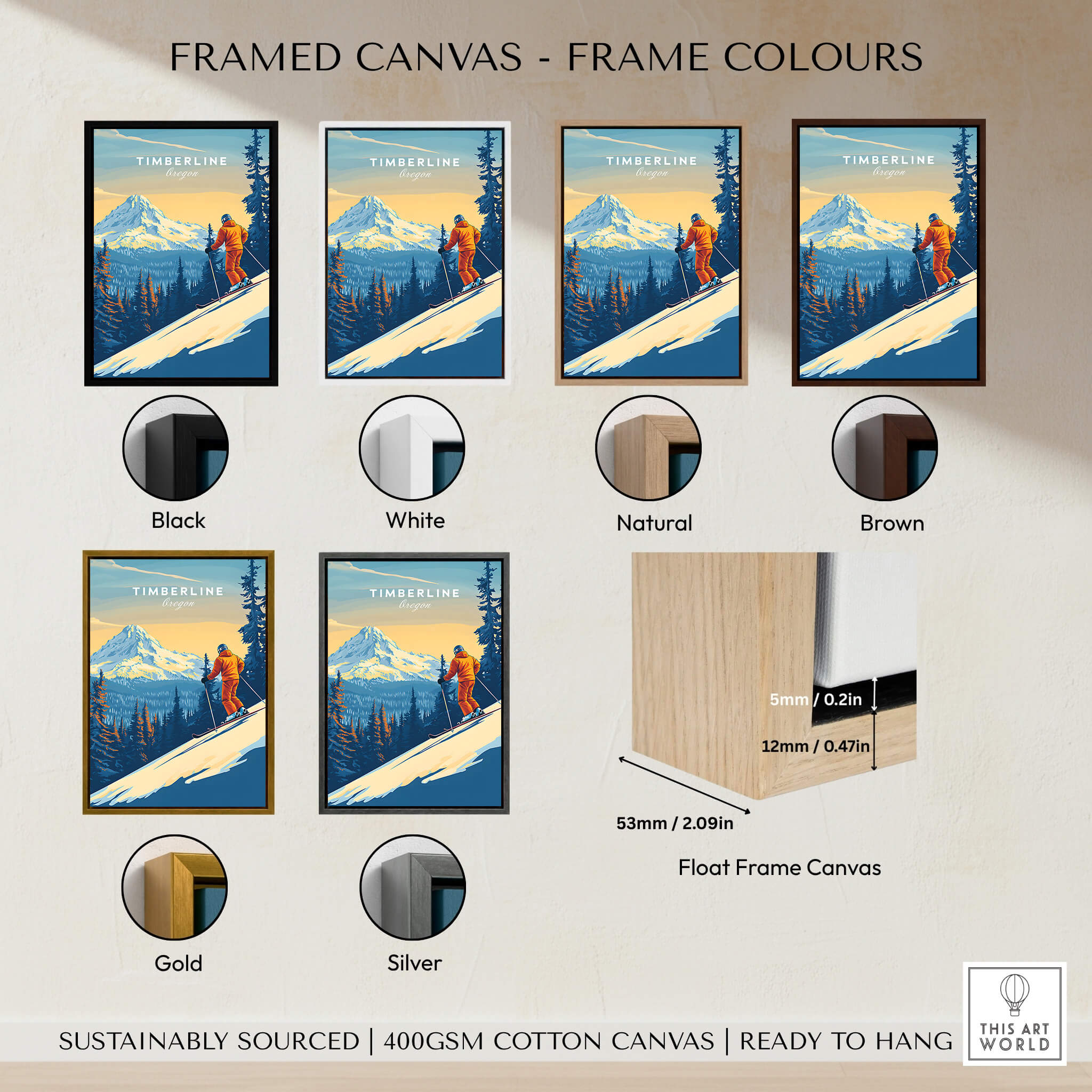 Timberline Print Oregon Ski Poster framed in various colors including black, white, natural, brown, gold, and silver.