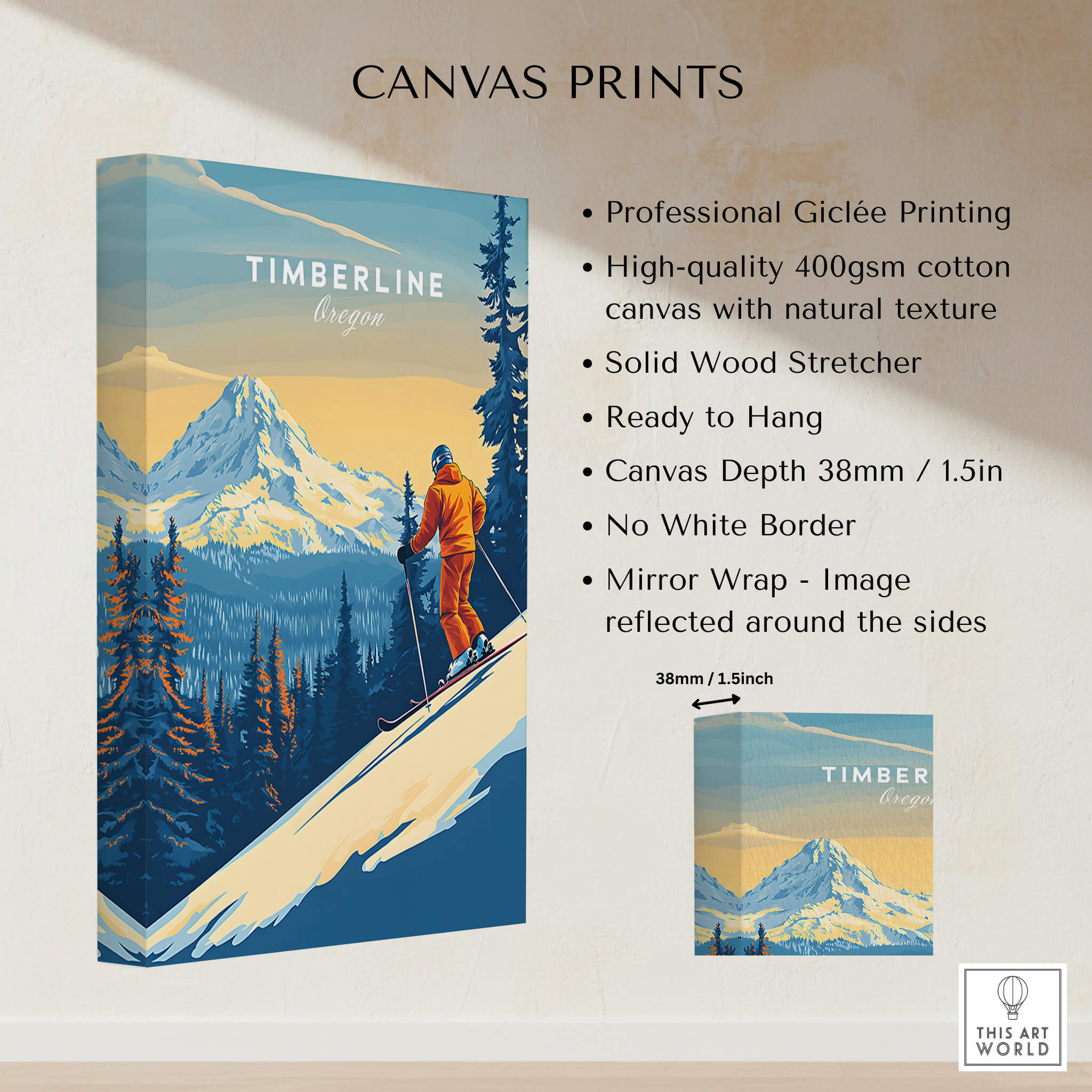 Timberline Print Oregon Ski Poster featuring vibrant mountain landscape and skier, perfect for home decor.