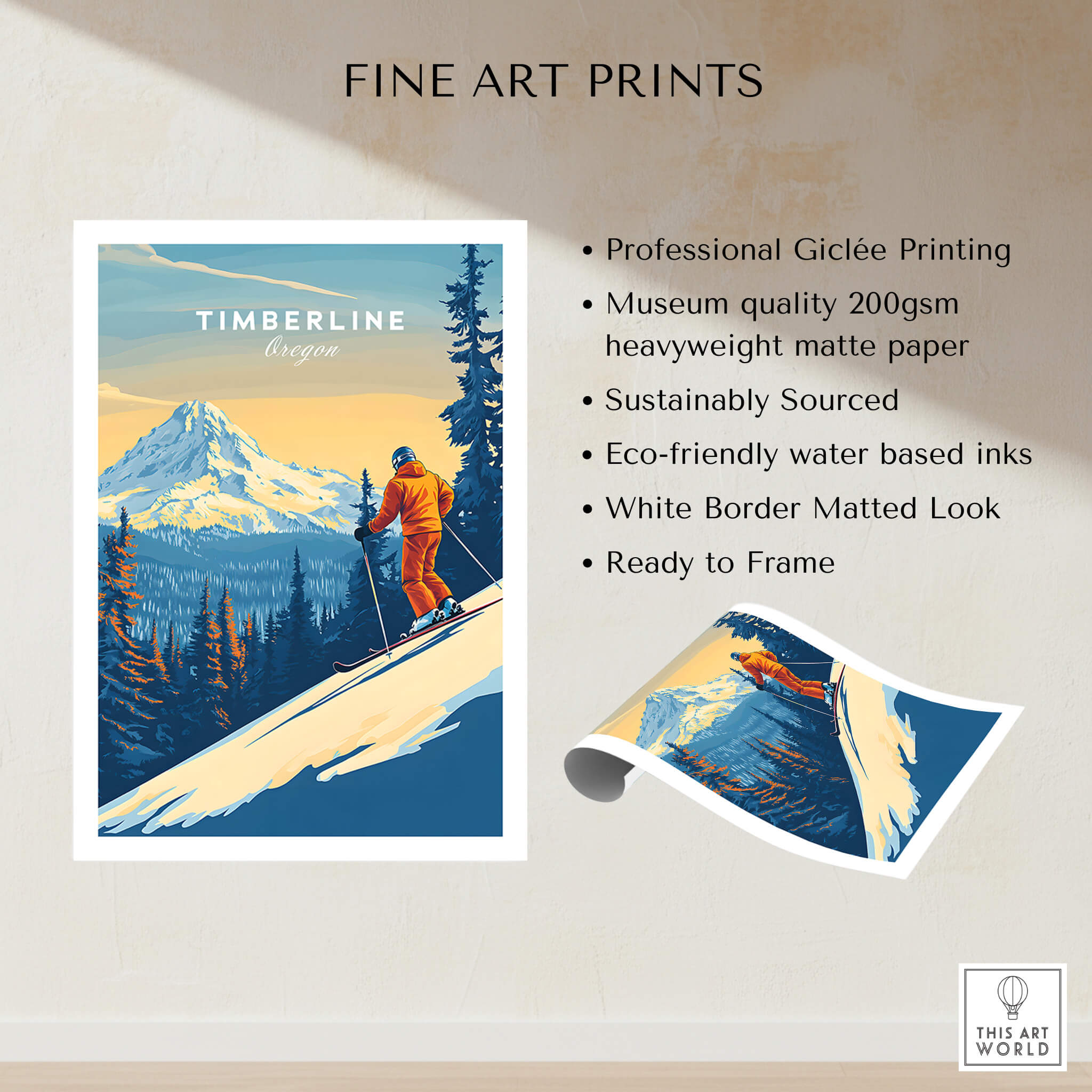 Timberline Print Oregon Ski Poster featuring a skier on a mountain with eco-friendly materials and museum-quality print.