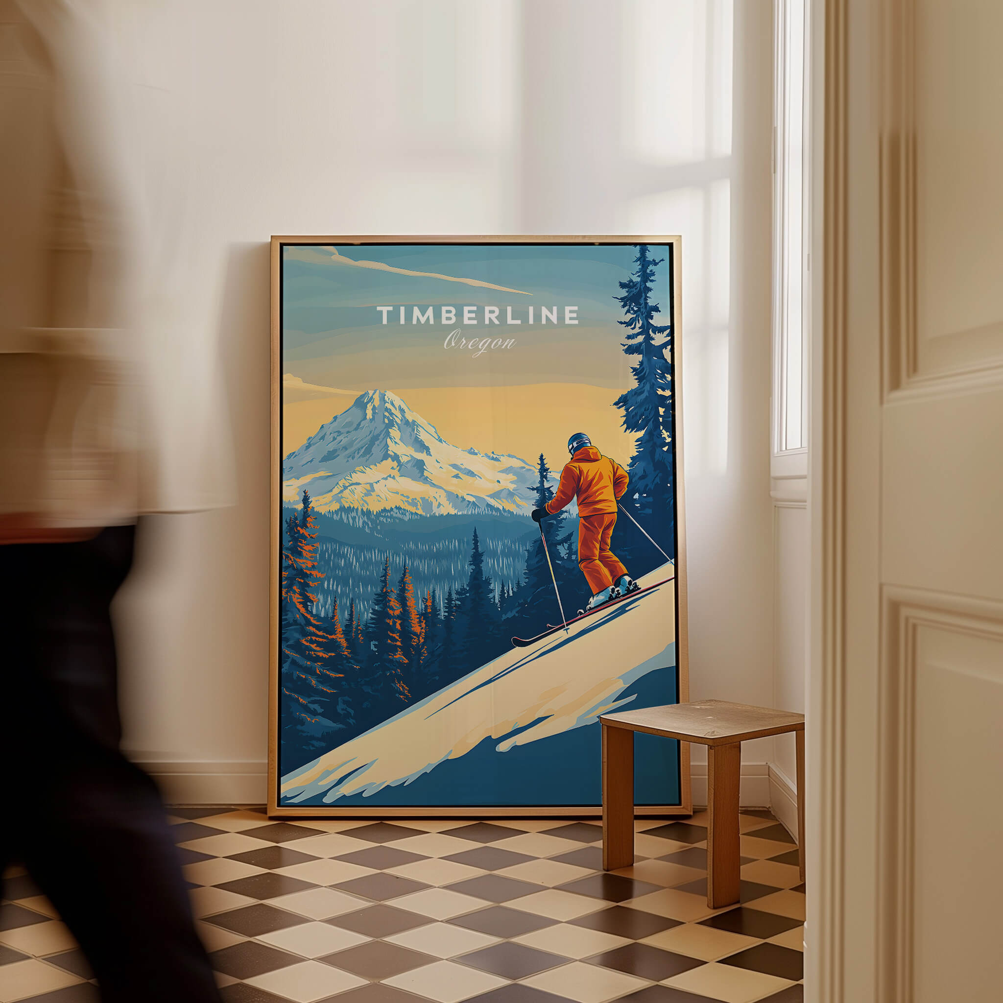 Timberline Print Oregon Ski Poster featuring a skier on a snowy mountain with a beautiful landscape backdrop.