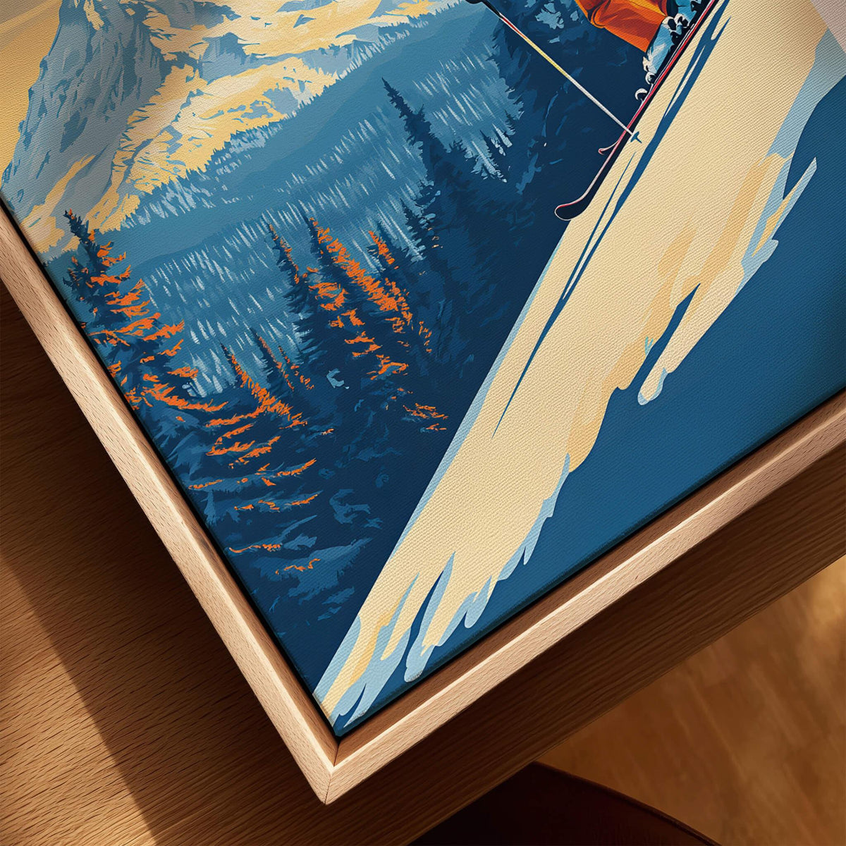 Timberline Print Oregon Ski Poster showcasing a skier on a vibrant mountain landscape with rich colors.