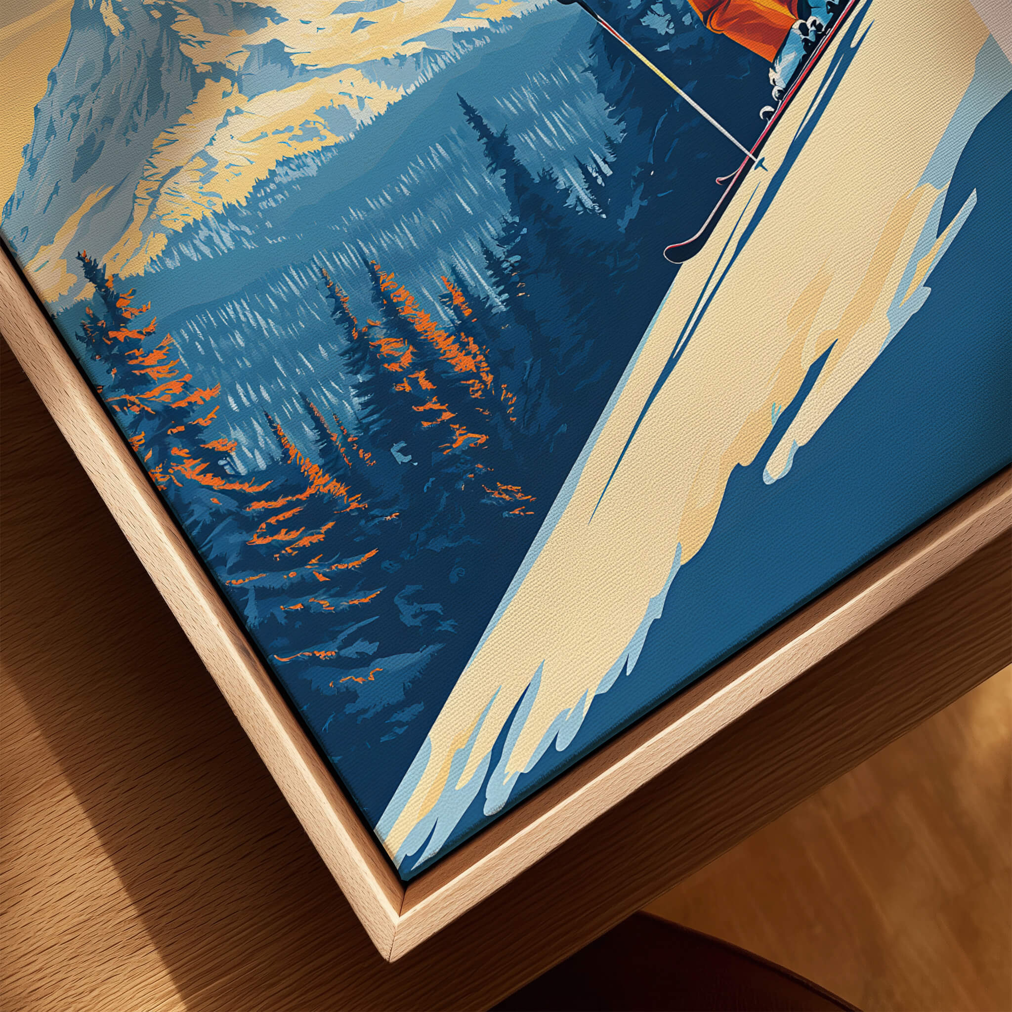 Timberline Print Oregon Ski Poster showcasing a skier on a vibrant mountain landscape with rich colors.