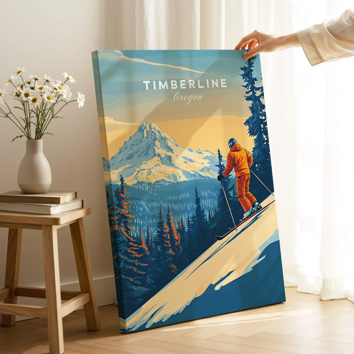 Timberline Print Oregon Ski Poster showcasing a skier in a majestic mountain landscape in Oregon.
