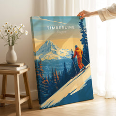 Timberline Print Oregon Ski Poster showcasing a skier in a majestic mountain landscape in Oregon.