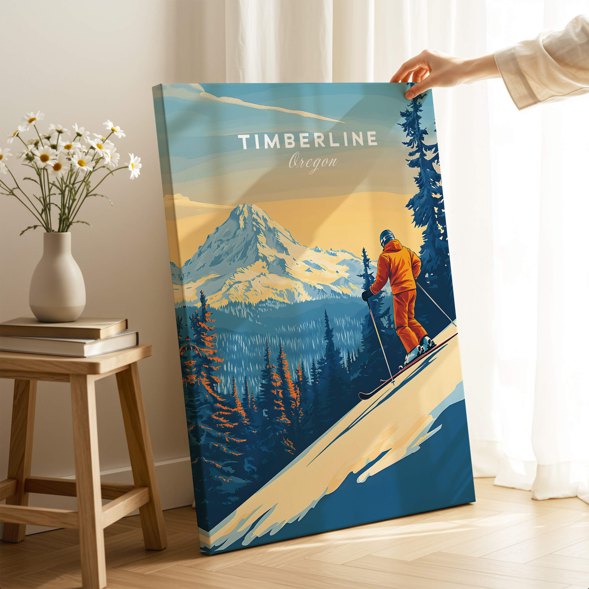 Timberline Print Oregon Ski Poster showcasing a skier in a majestic mountain landscape in Oregon.