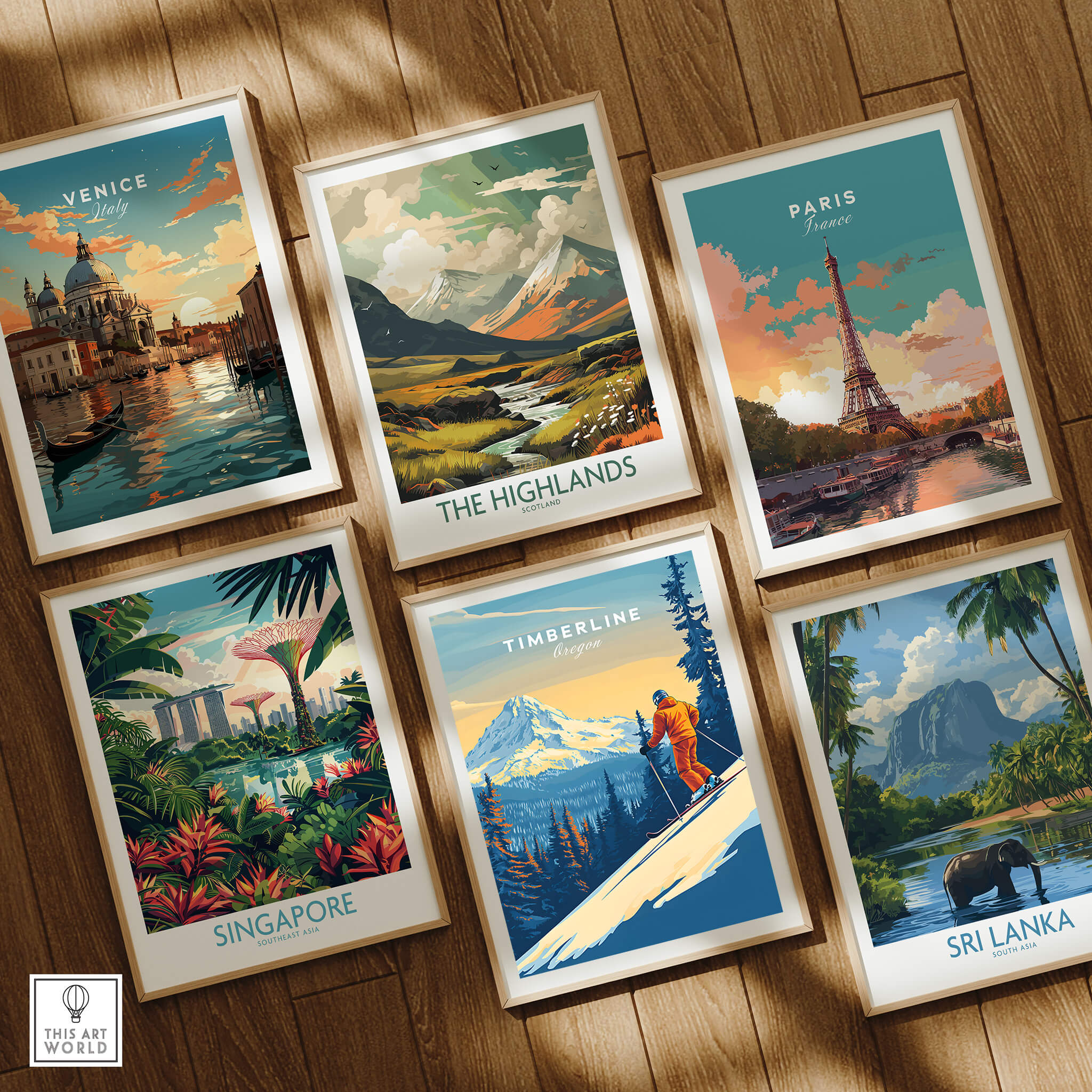 Timberline Print Oregon Ski Poster featured among other travel art prints including Venice, Paris, Singapore, The Highlands, and Sri Lanka.