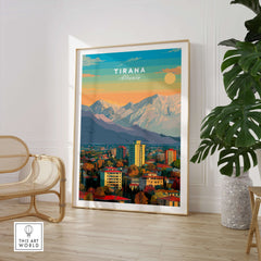 Tirana Cityscape Canvas Print | Albanian Home Wall Art displayed in modern interior setting with vibrant colors.