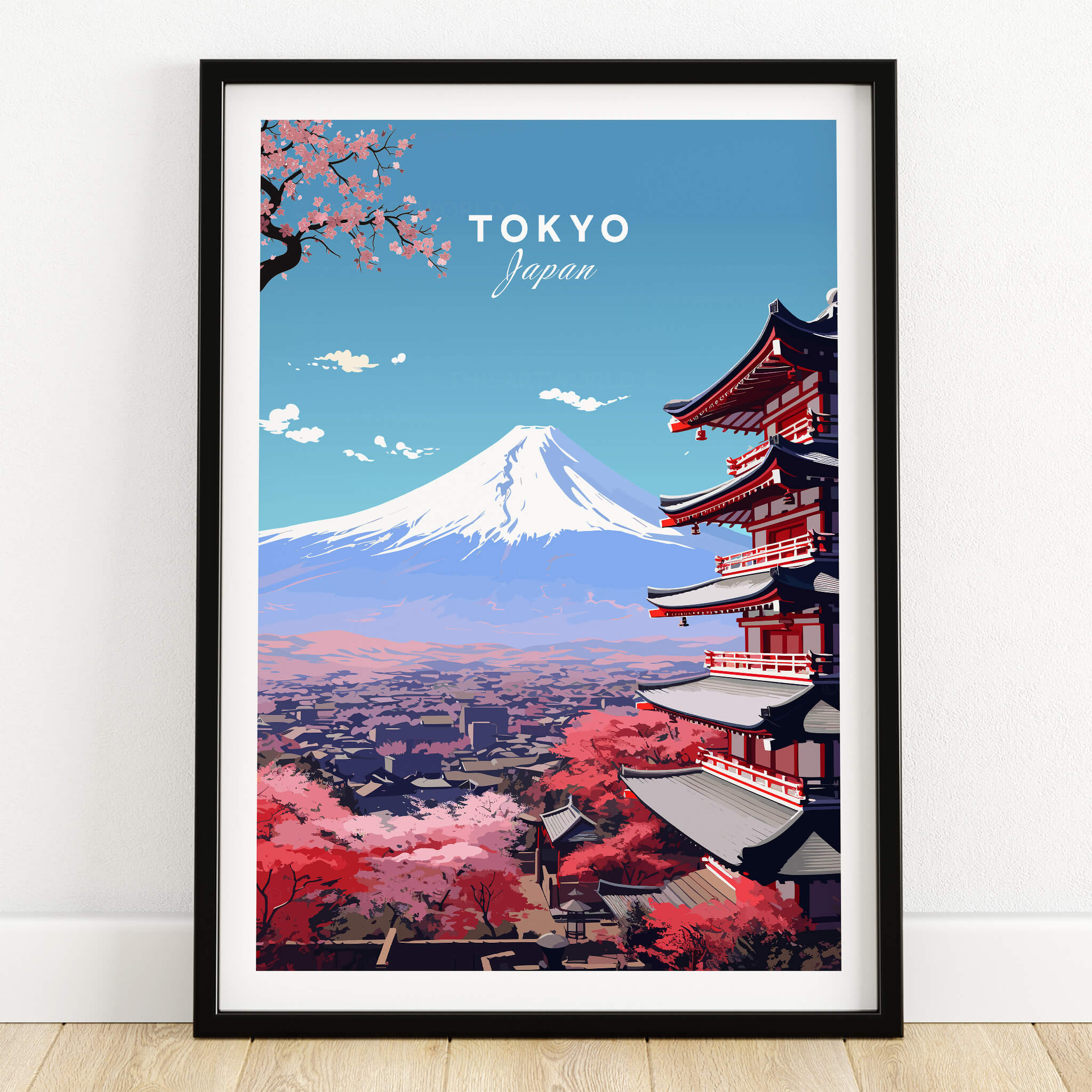 Tokyo Travel Poster featuring Mount Fuji and traditional Japanese architecture in vibrant colors.