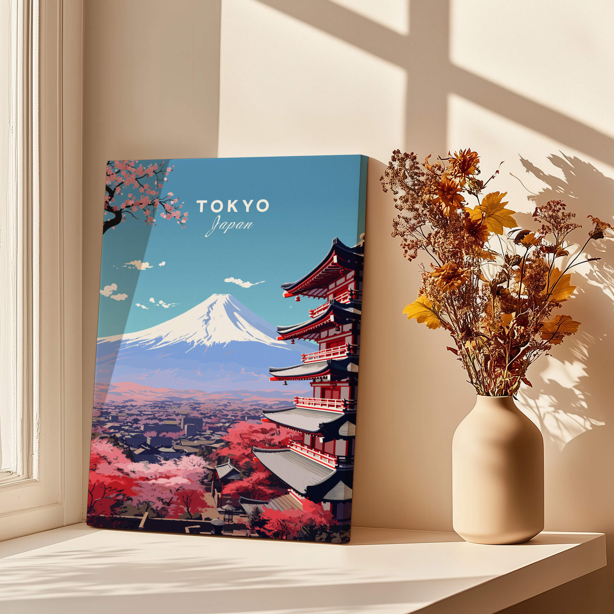 Tokyo Travel Poster featuring Mount Fuji and traditional Japanese architecture in vibrant colors.