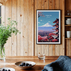 Tokyo Travel Poster featuring Mount Fuji and cherry blossoms, vibrant colors for home decor.
