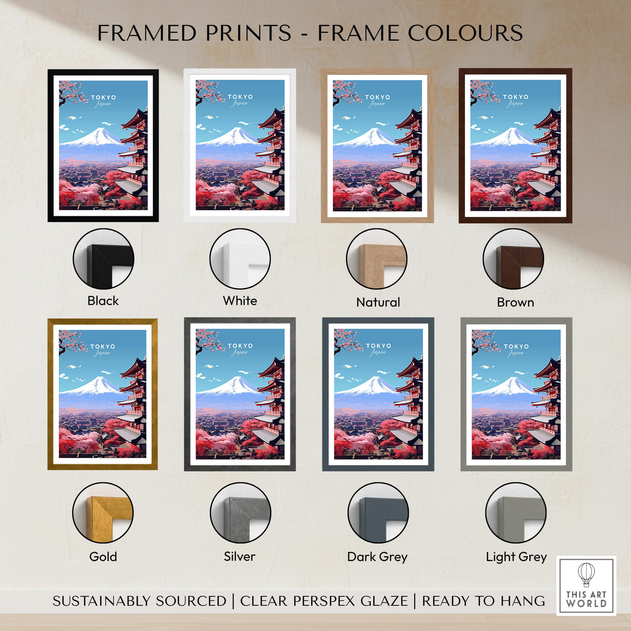 Tokyo Travel Poster framed prints in various colors including black, white, natural, brown, gold, silver, dark grey, and light grey.