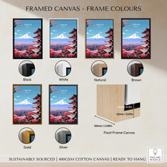 Tokyo Travel Poster framed canvas options in black, white, natural, brown, gold, and silver colors.